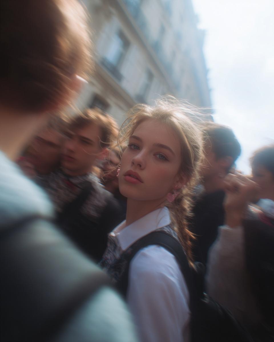 Paparazzi-style extreme close-up photo of a woman with striking facial features,