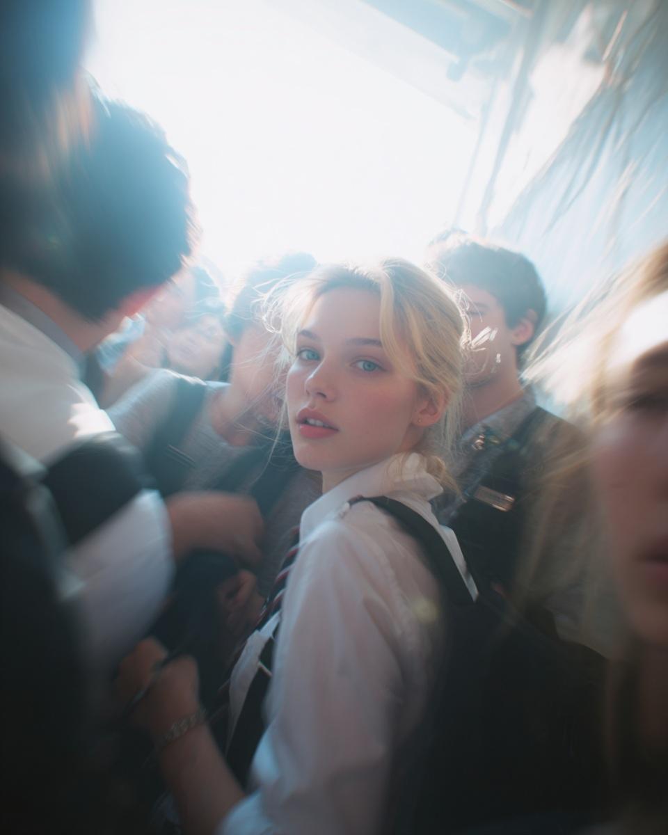 Paparazzi-style extreme close-up photo of a woman with striking facial features,