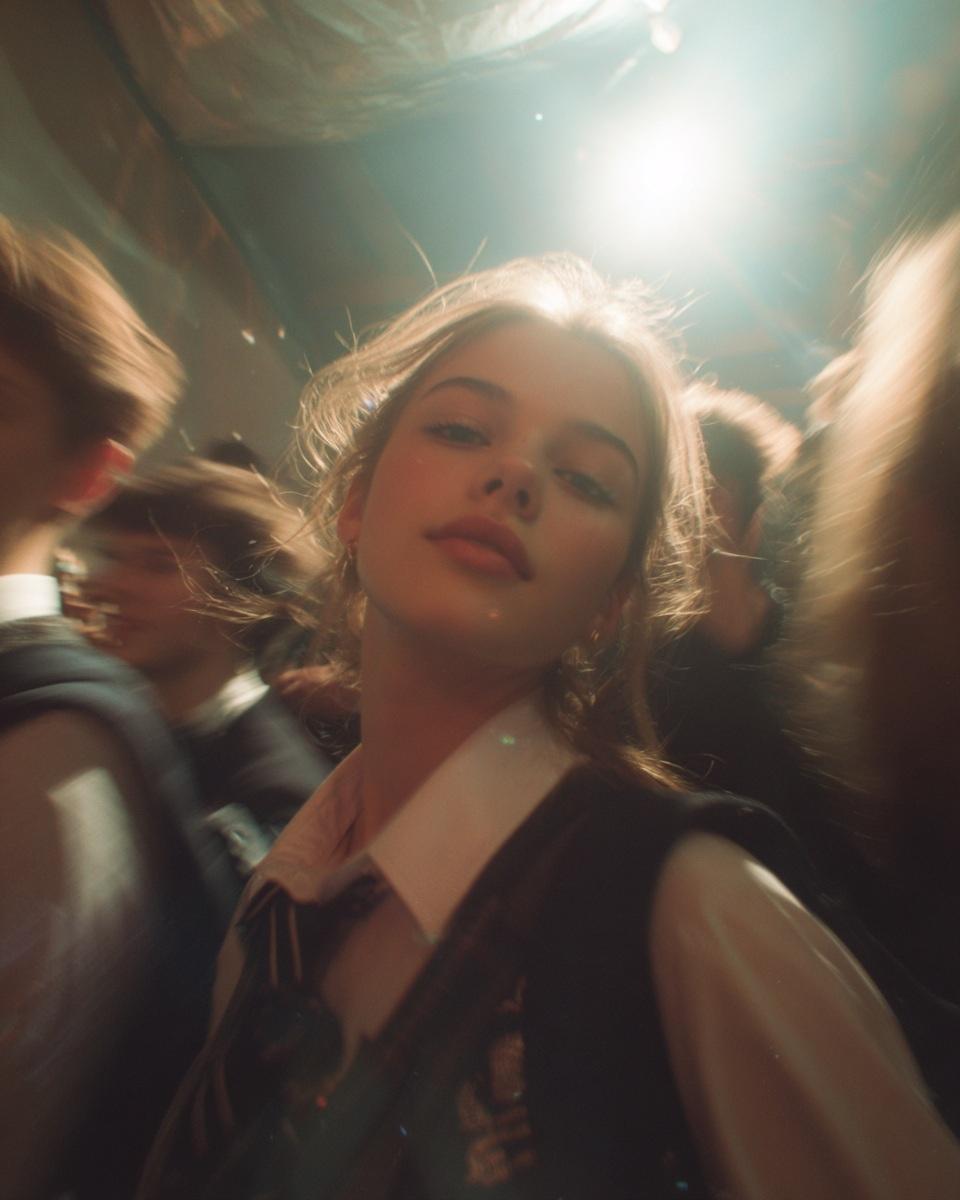Paparazzi-style extreme close-up photo of a woman with striking facial features,