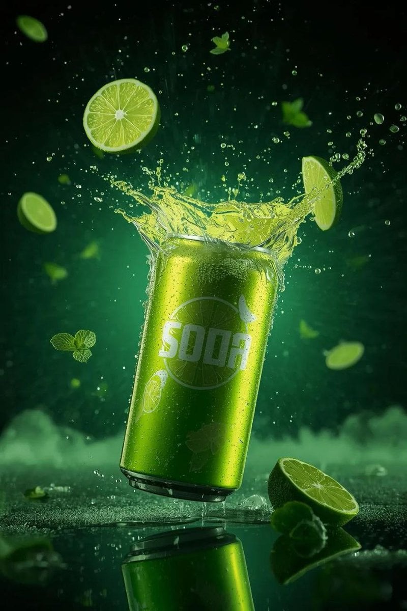A hyper-realistic commercial product shot of a refreshing lime soda can explodin