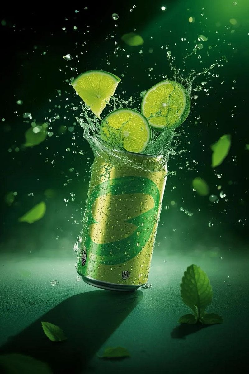 A hyper-realistic commercial product shot of a refreshing lime soda can explodin