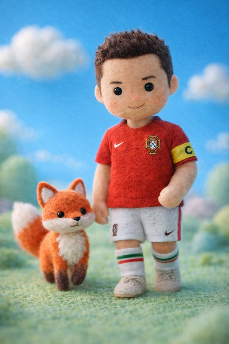A handcrafted felt miniature illustration of [Celebrity] reimagined as a soft wo