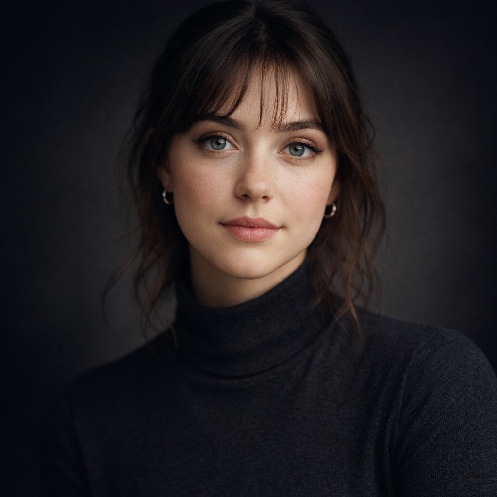Ultra-realistic studio portrait of a young woman, front-facing, centered composi