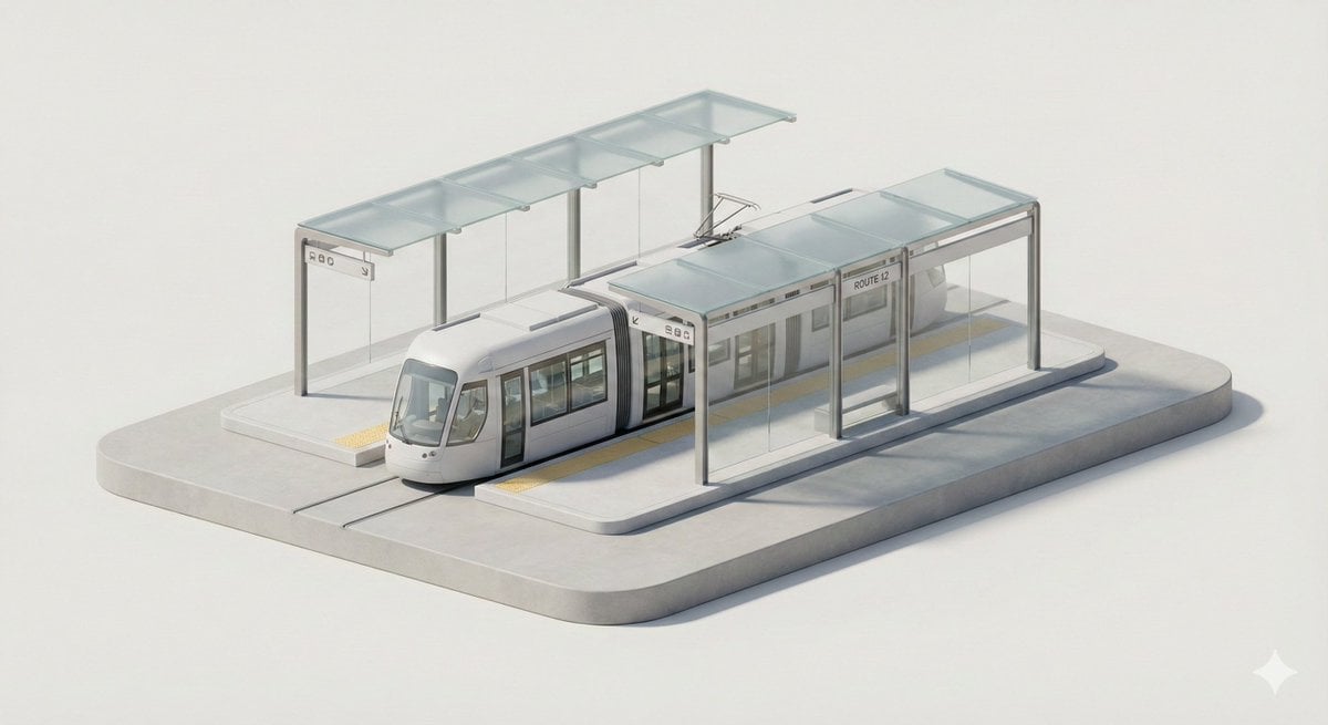 A clean, minimal 3D isometric diorama of a [CITY TRANSPORT TYPE] stop, featuring
