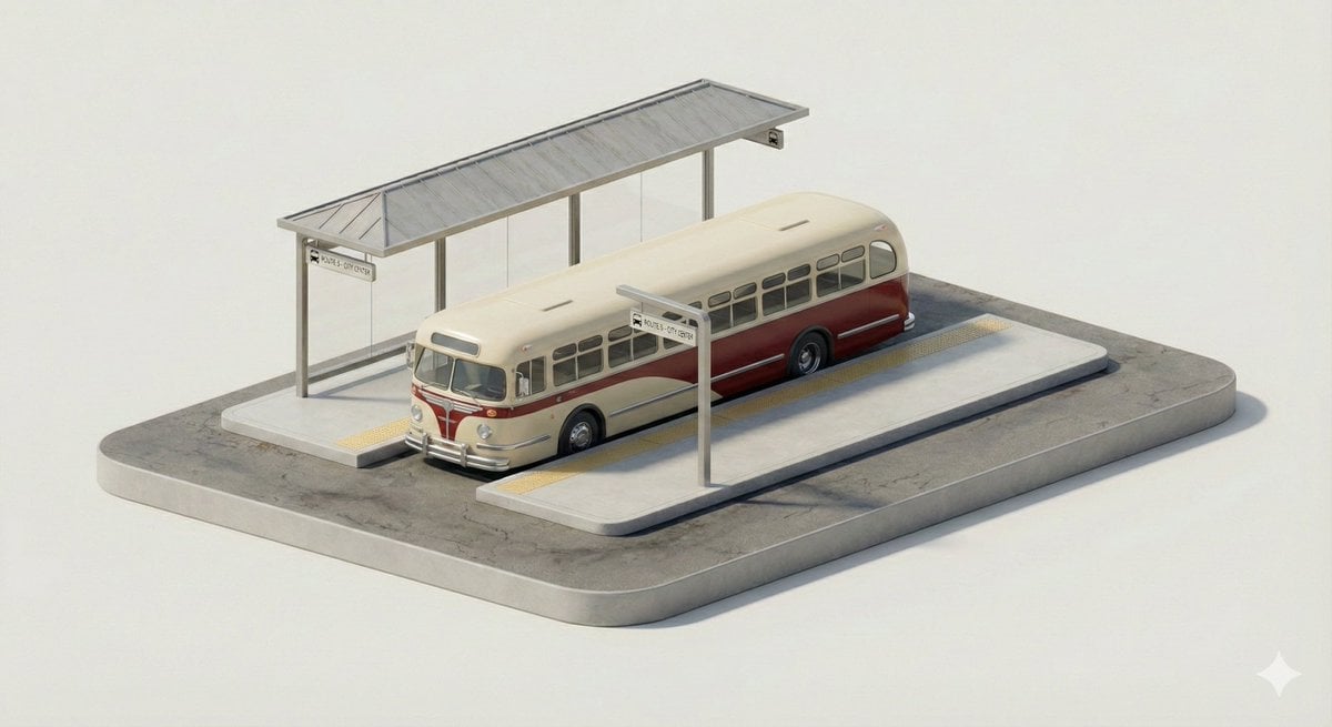 A clean, minimal 3D isometric diorama of a [CITY TRANSPORT TYPE] stop, featuring