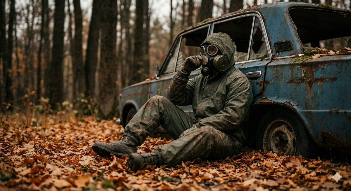 A cinematic, ultra realistic post apocalyptic scene of a lone survivor sitting o