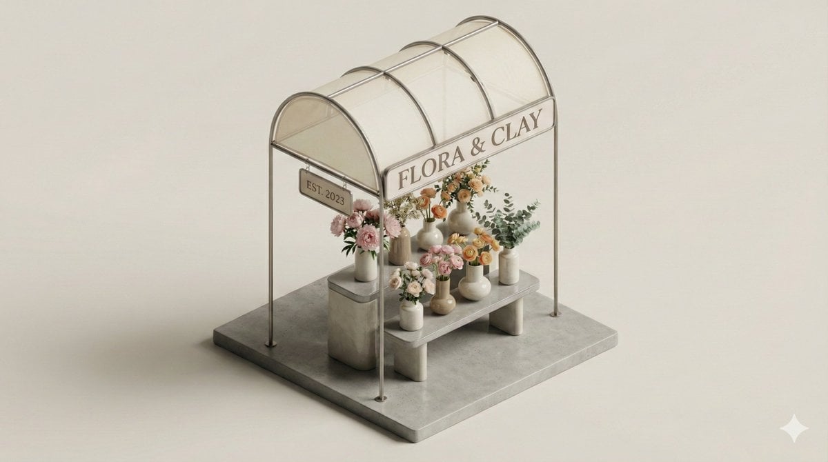 A clean, minimal 3D isometric diorama of a [URBAN RETAIL TYPE], featuring a [MAI