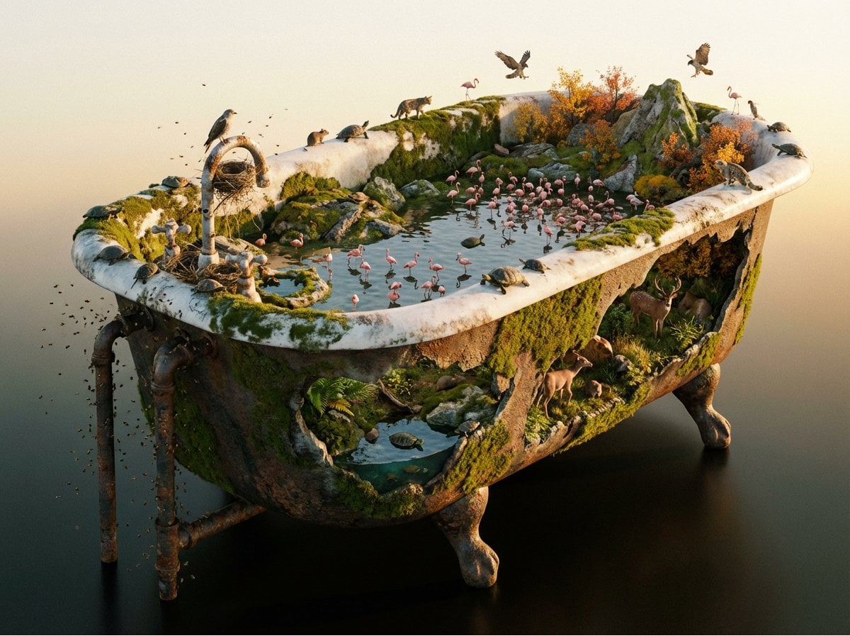 A colossal [OBJECT] reimagined as a complete natural biome. Tiny [WILDLIFE] has 