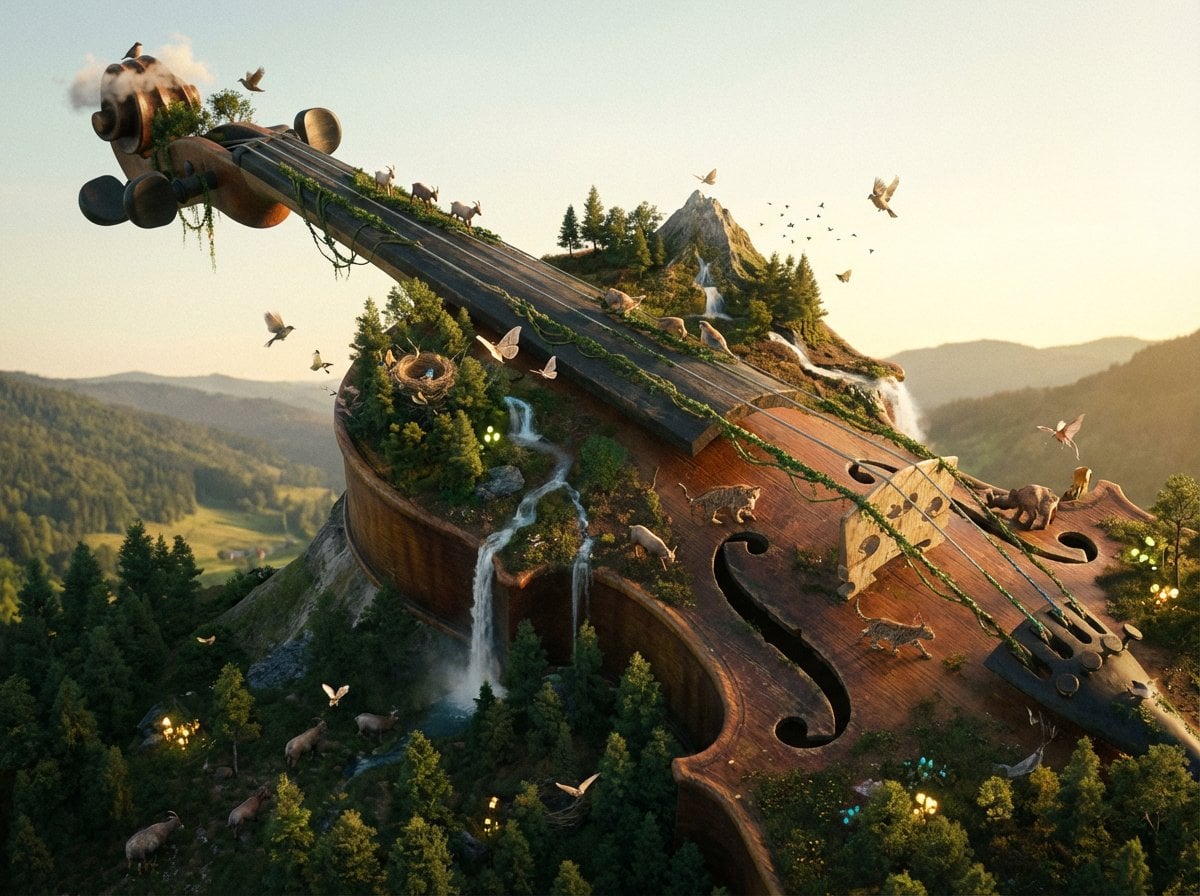 A colossal [OBJECT] reimagined as a complete natural biome. Tiny [WILDLIFE] has 