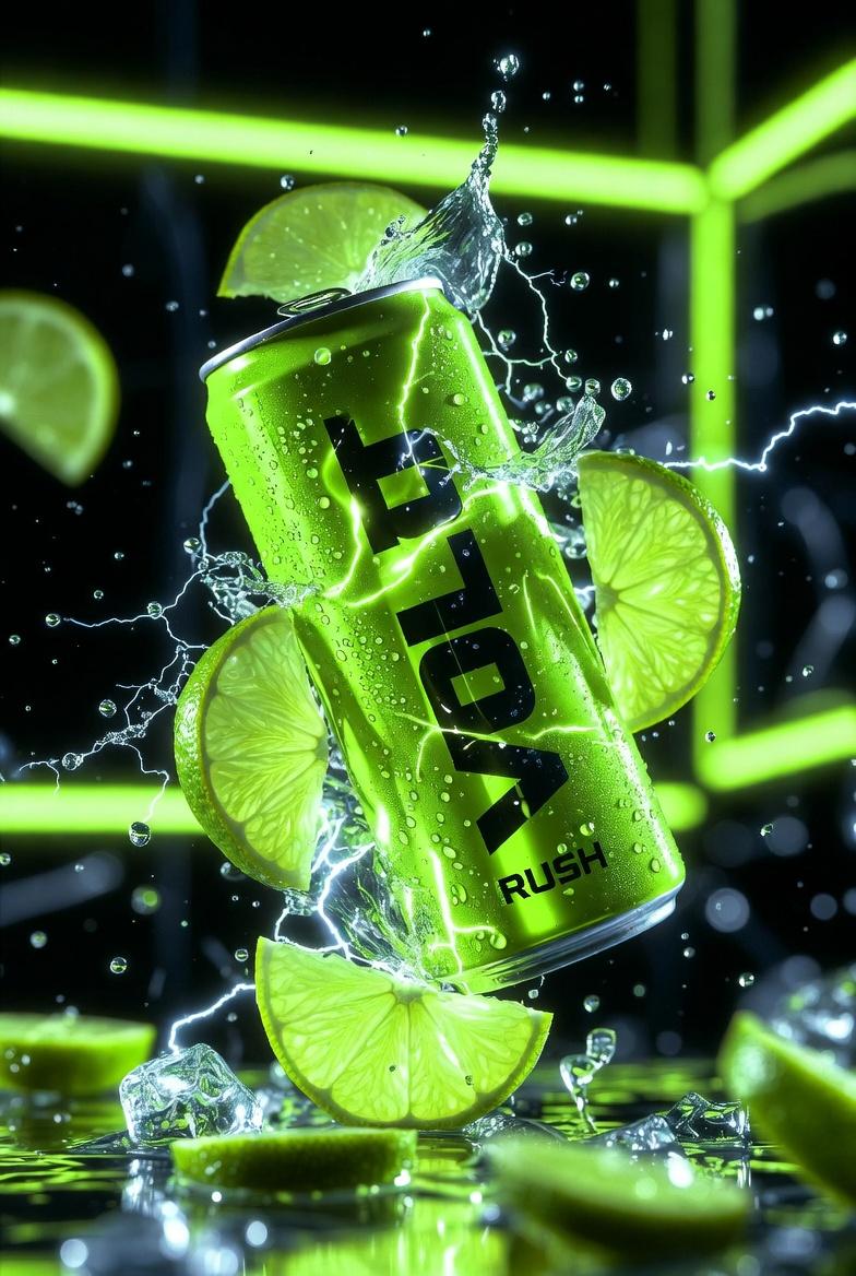 Ultra-cinematic product photography of a neon-green energy drink can labeled “VO