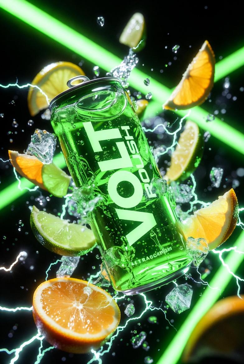 Ultra-cinematic product photography of a neon-green energy drink can labeled “VO