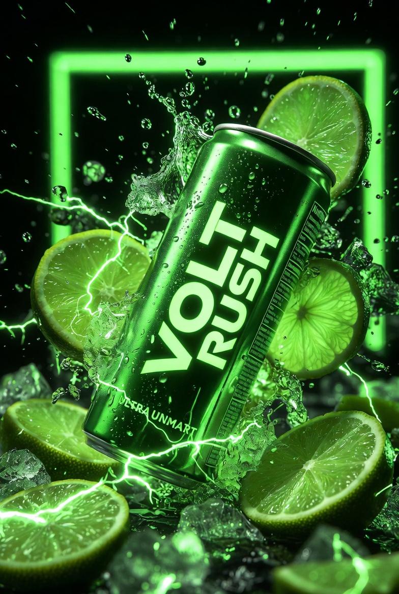 Ultra-cinematic product photography of a neon-green energy drink can labeled “VO