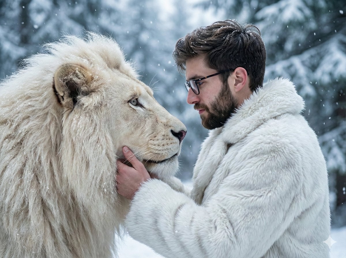 A cinematic ultra-realistic portrait of a man standing face-to-face with a majes