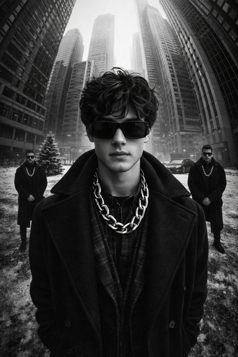 A black-and-white, high-contrast, ultra-glamorous street fashion editorial photo