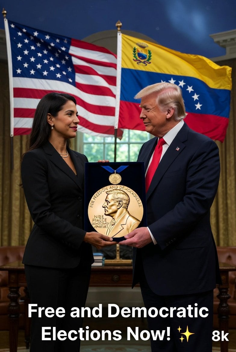 Cinematic, ultra-realistic scene depicting Venezuelan opposition leader María Co