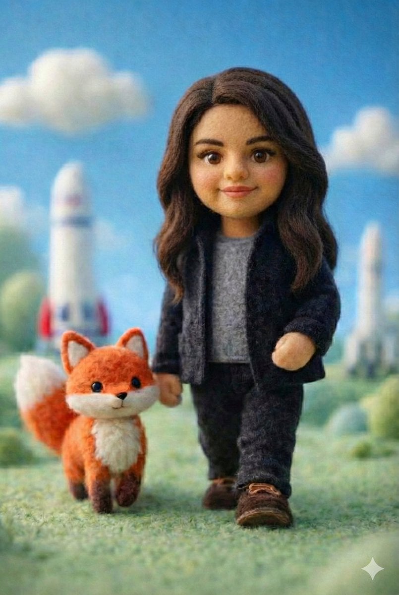 A handcrafted felt miniature scene featuring a soft wool doll character with sim
