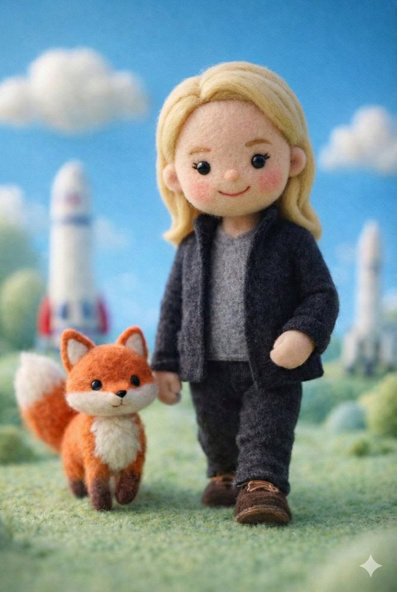 A handcrafted felt miniature scene featuring a soft wool doll character with sim