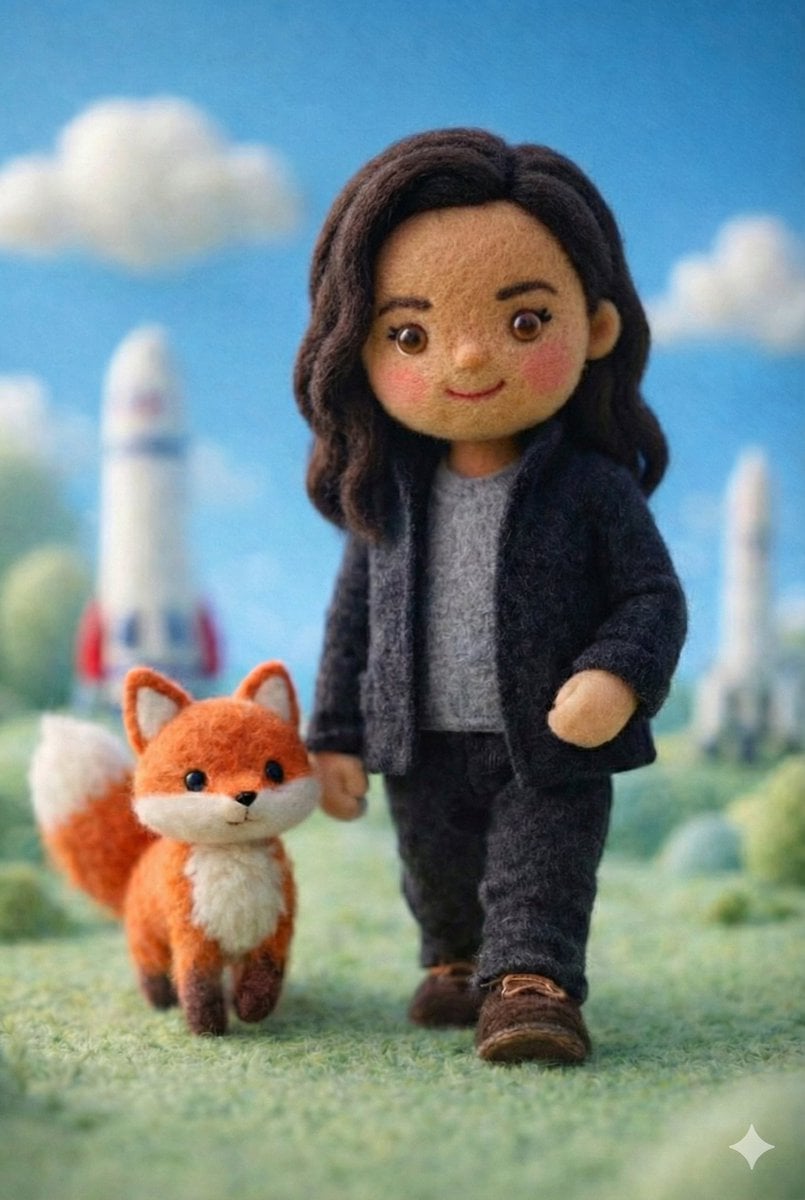 A handcrafted felt miniature scene featuring a soft wool doll character with sim