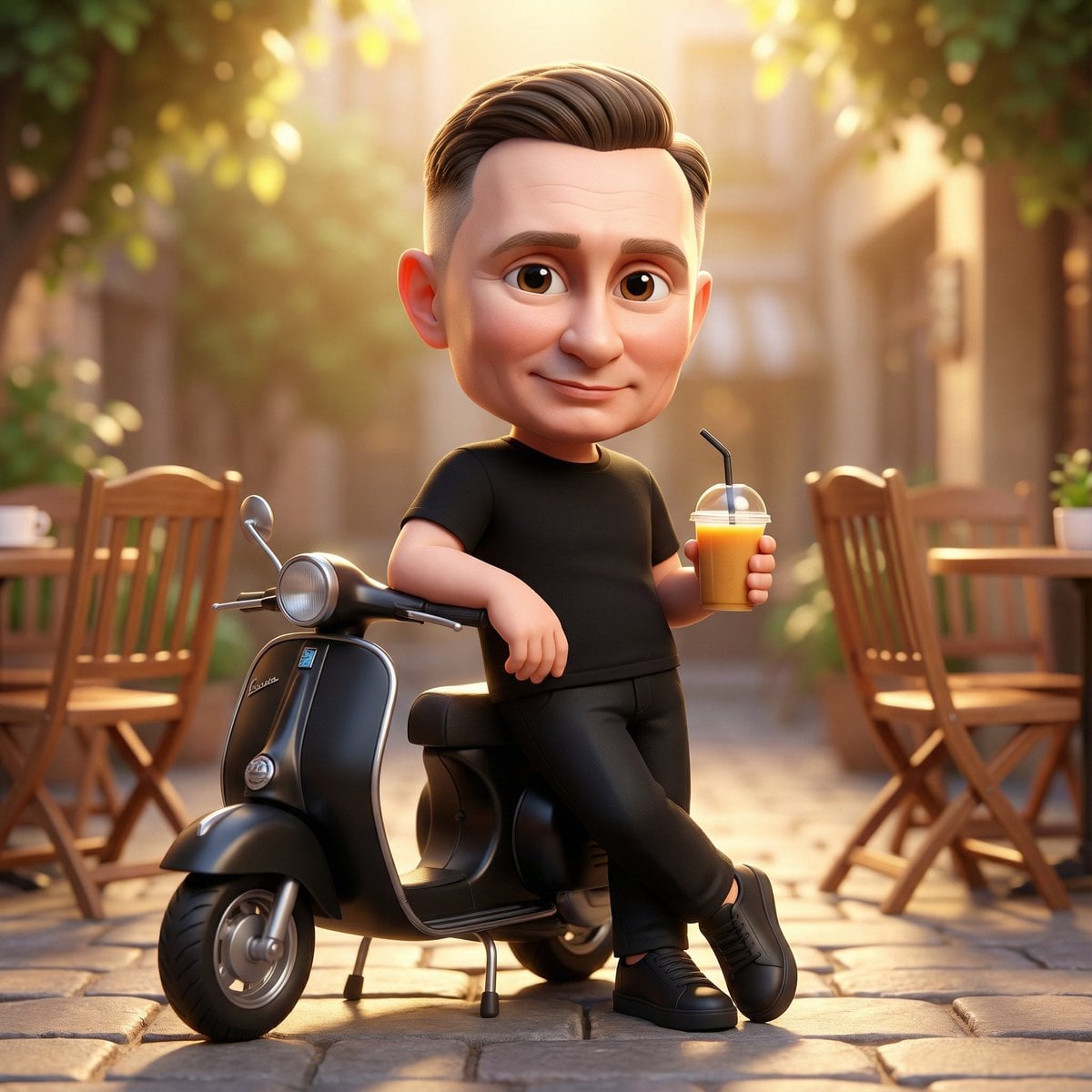 A cute 3D chibi-style character of the uploaded image leaning against a parked m