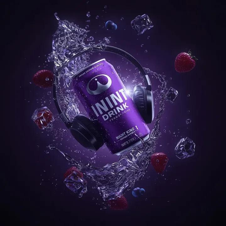 Ultra-cinematic product photography of a purple energy drink can labeled “INFINI