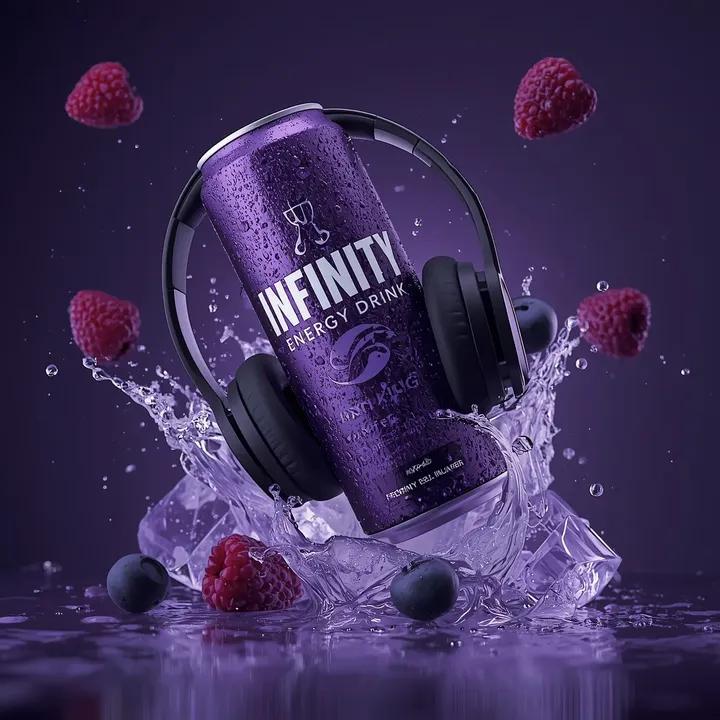 Ultra-cinematic product photography of a purple energy drink can labeled “INFINI