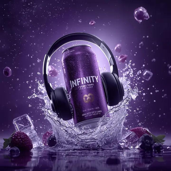 Ultra-cinematic product photography of a purple energy drink can labeled “INFINI