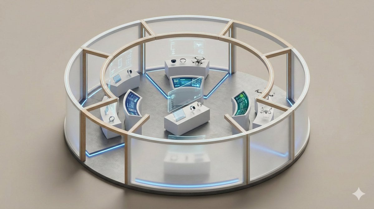 A clean, minimal 3D isometric diorama of a [EXHIBITION TYPE], featuring [DISPLAY