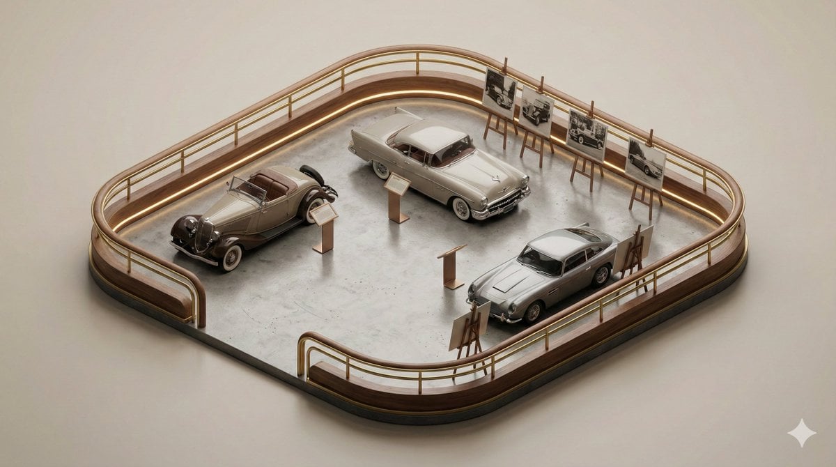 A clean, minimal 3D isometric diorama of a [EXHIBITION TYPE], featuring [DISPLAY