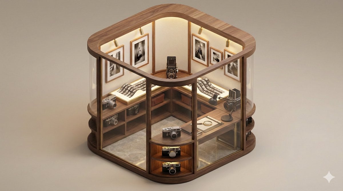 A clean, minimal 3D isometric diorama of a [EXHIBITION TYPE], featuring [DISPLAY