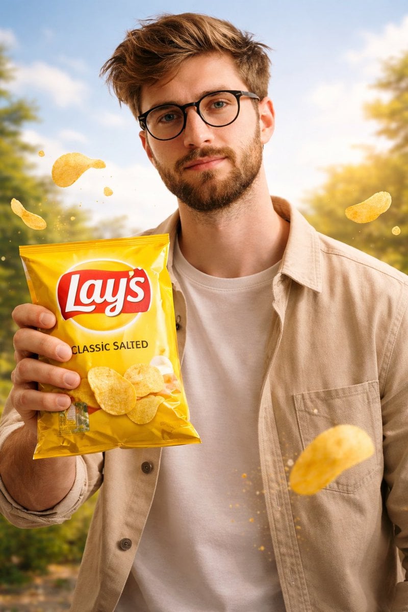 A cinematic, ultra-realistic advertising shot of a man holding a Lay’s [FLAVOR N