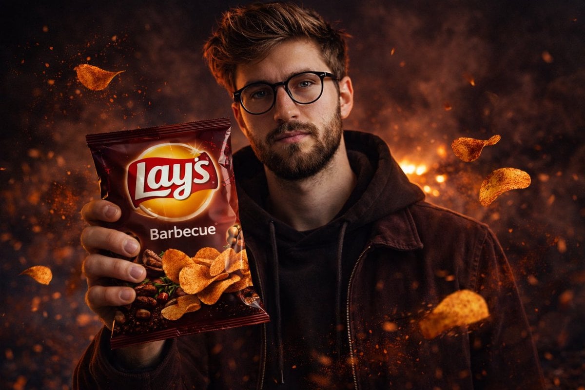 A cinematic, ultra-realistic advertising shot of a man holding a Lay’s [FLAVOR N