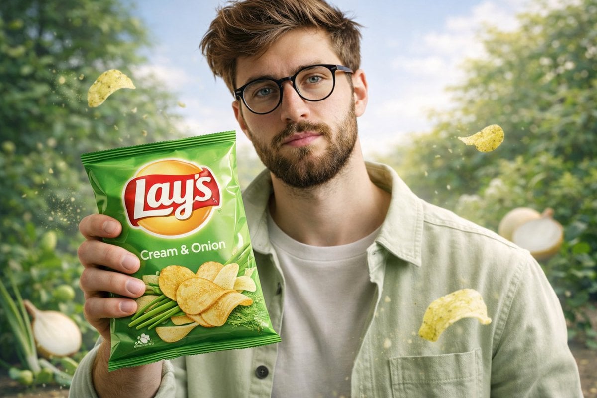 A cinematic, ultra-realistic advertising shot of a man holding a Lay’s [FLAVOR N