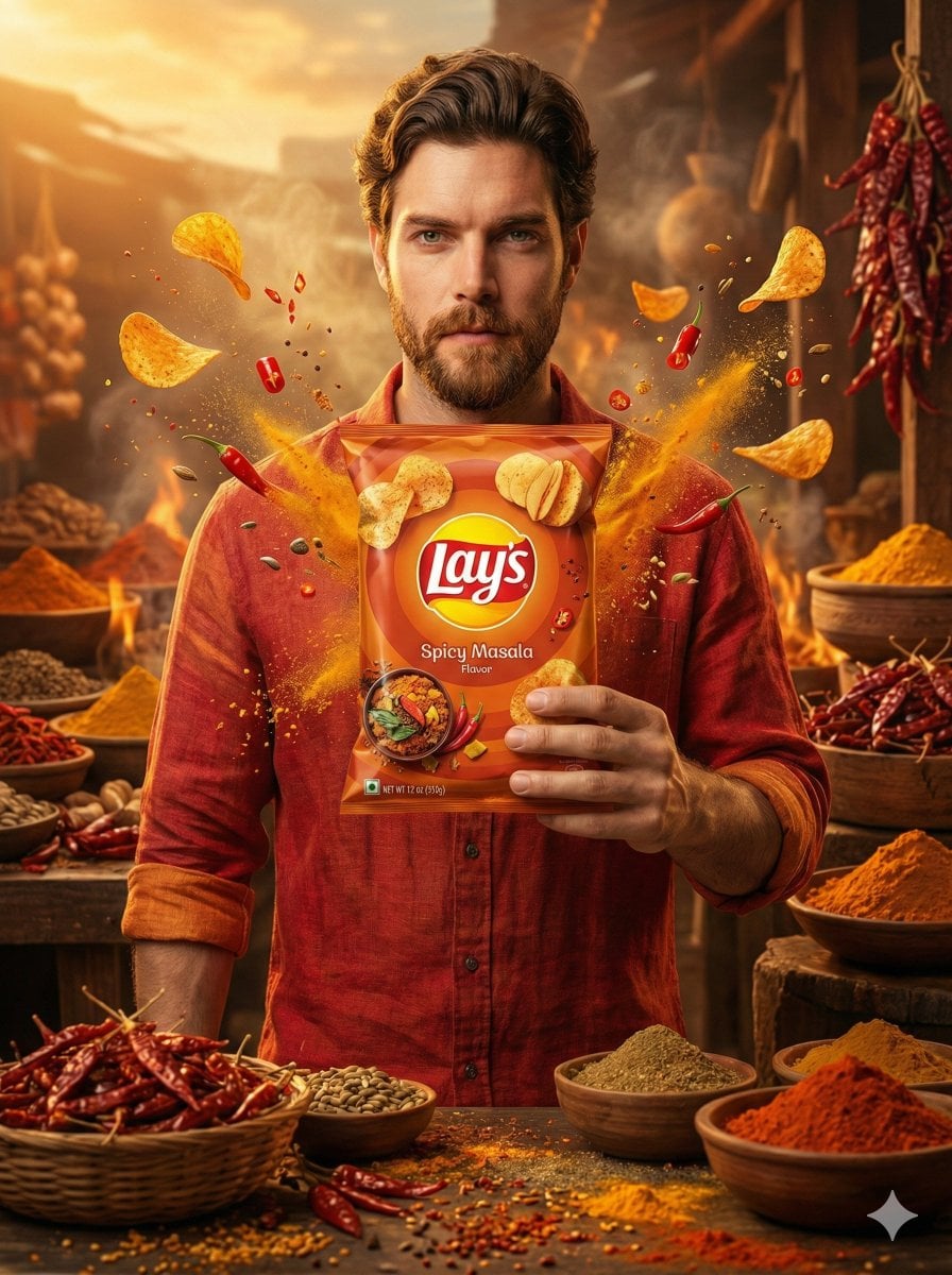 A cinematic, ultra-realistic advertising shot of a man holding a Lay’s [FLAVOR N