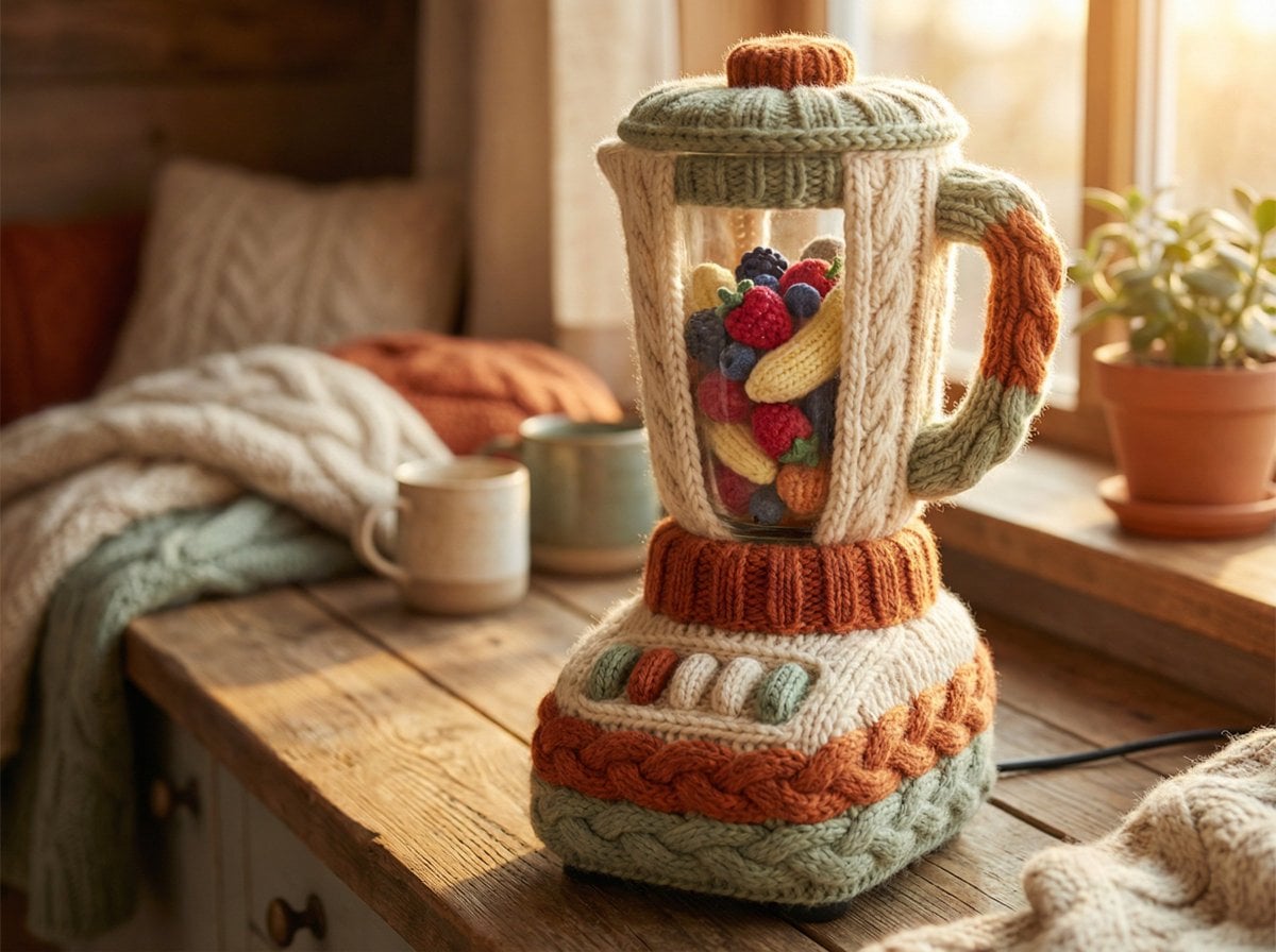 An [OBJECT] rendered as if entirely hand-knitted from chunky wool yarn, impossib