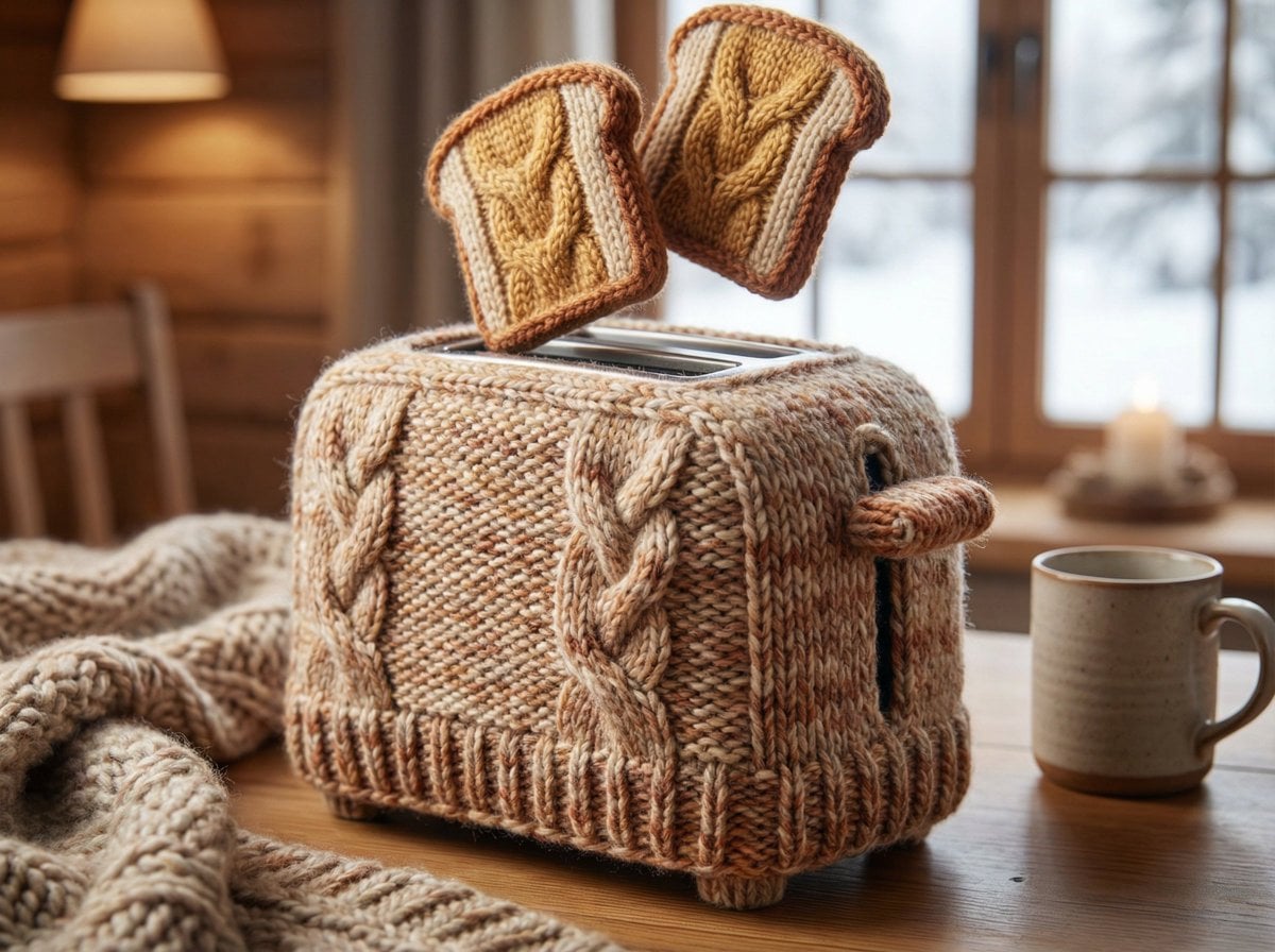 An [OBJECT] rendered as if entirely hand-knitted from chunky wool yarn, impossib