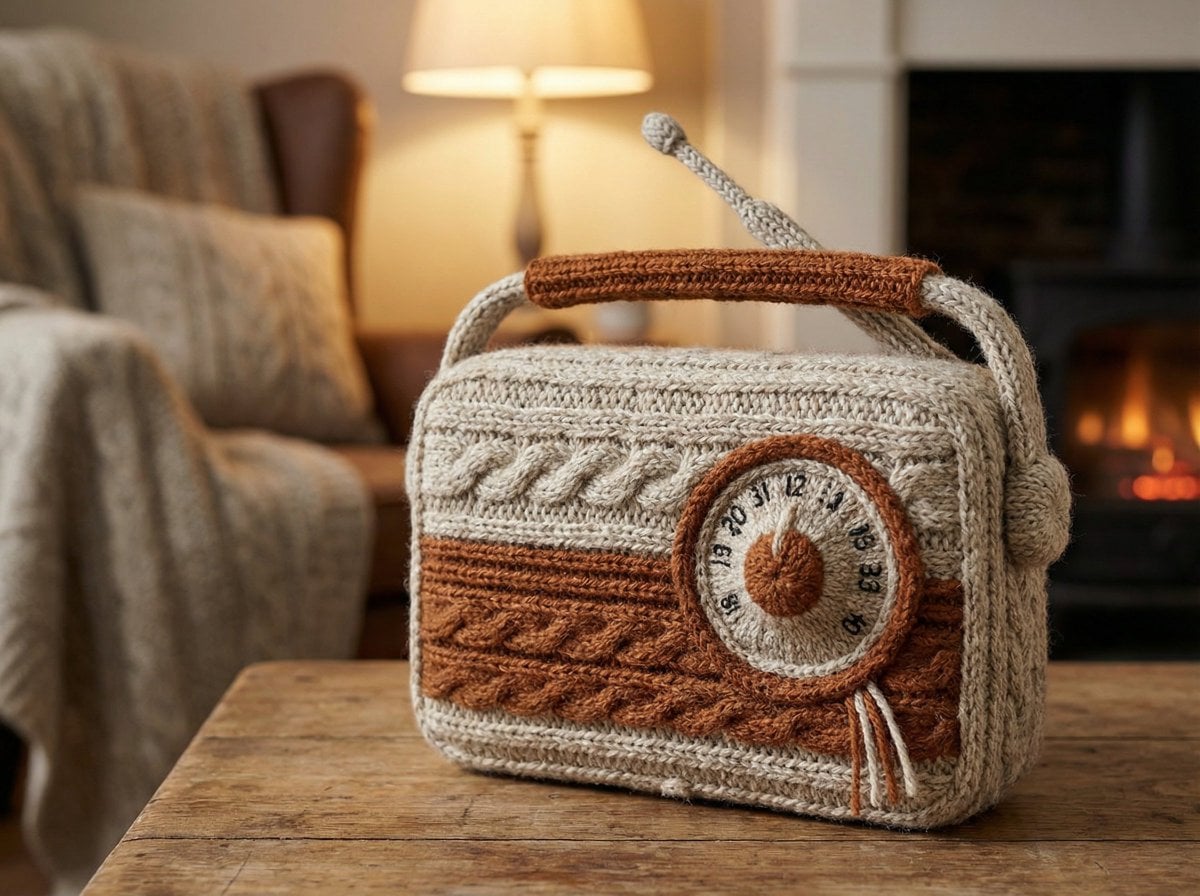 An [OBJECT] rendered as if entirely hand-knitted from chunky wool yarn, impossib