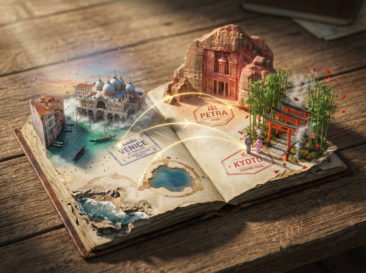 Epic 3D scene: a weathered passport lies open, its visa stamps erupting into the