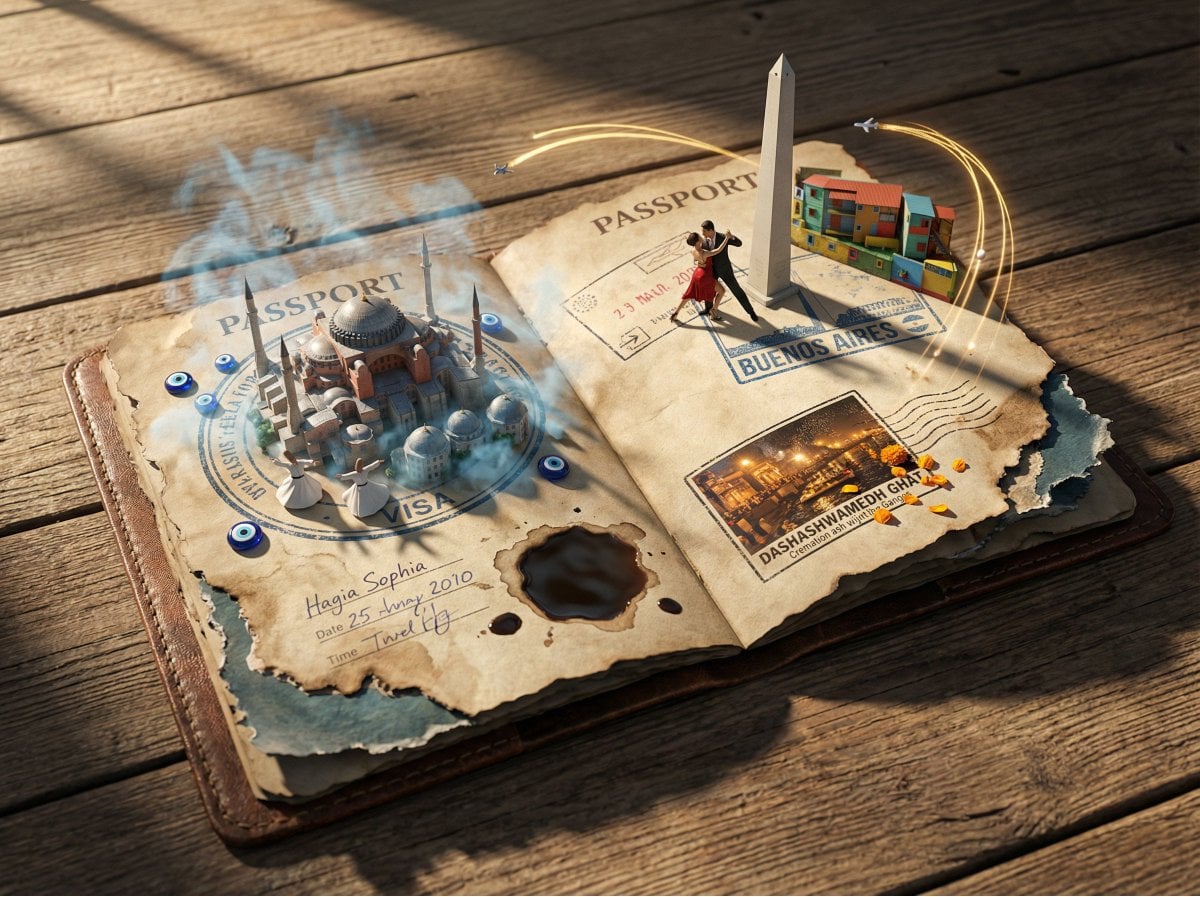 Epic 3D scene: a weathered passport lies open, its visa stamps erupting into the