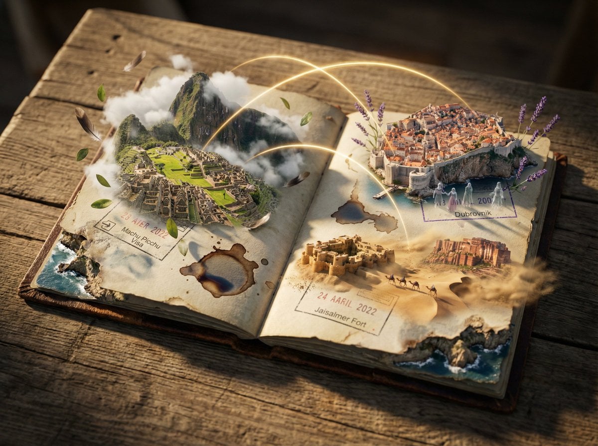 Epic 3D scene: a weathered passport lies open, its visa stamps erupting into the