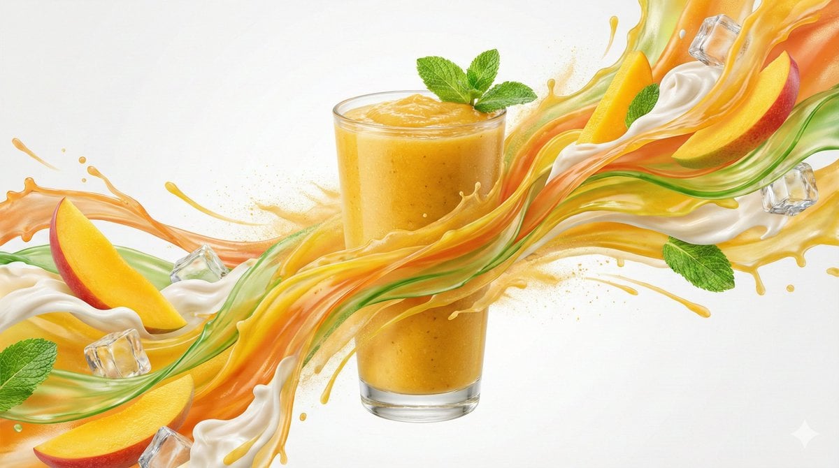 Dynamic flavor wave composition of [FOOD], with colorful energy ribbons, mist, a