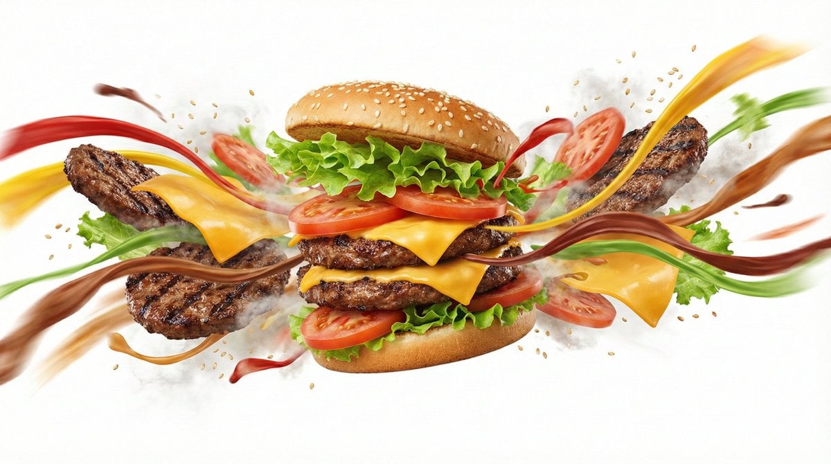 Dynamic flavor wave composition of [FOOD], with colorful energy ribbons, mist, a
