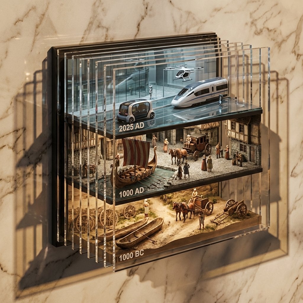 Cinematic, hyper-realistic. A stacked depth composition of ultra-detailed 16K 3D