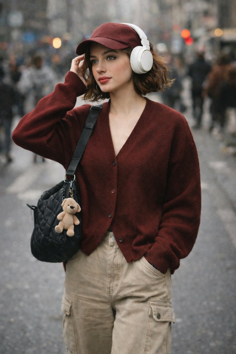 A high-quality, candid street photography shot of a stylish young woman with sho