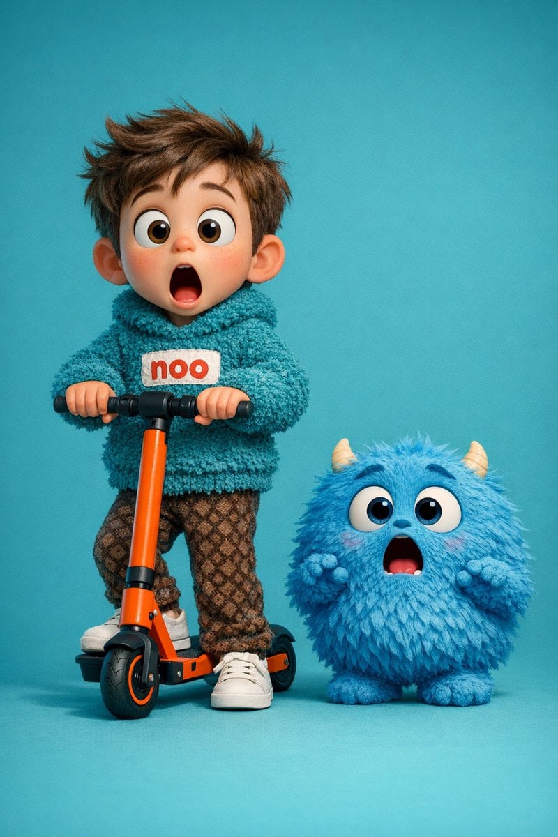 A high-quality 3D render of a cute young boy riding an orange electric scooter n