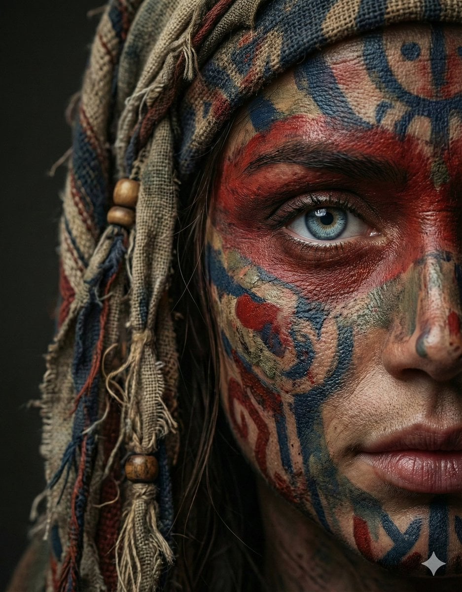 A dramatic ultra-realistic portrait of a woman shown in extreme close-up, only h