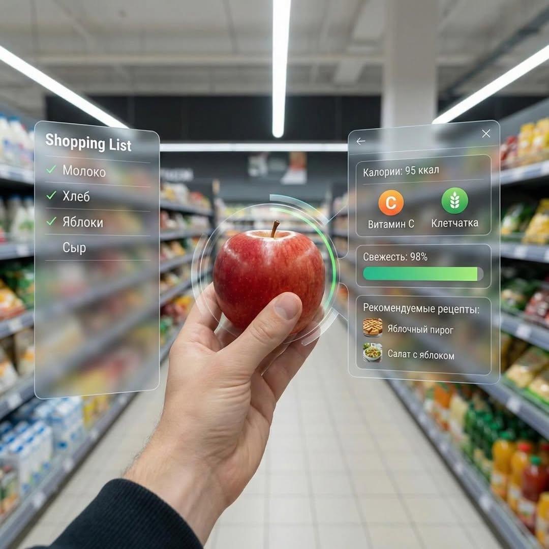 First-person perspective inside a brightly lit supermarket aisle. Realistic huma