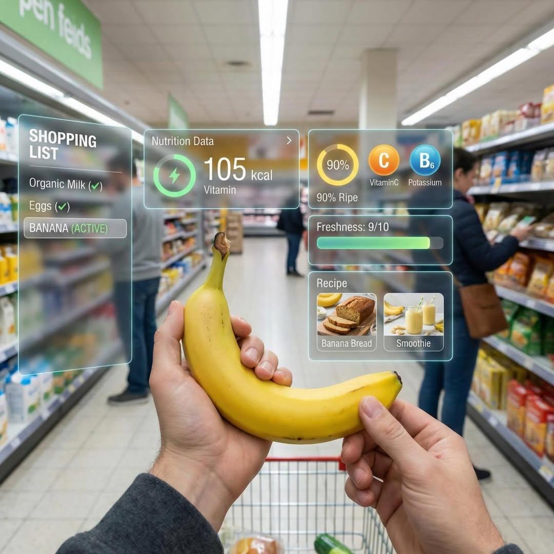 First-person perspective inside a brightly lit supermarket aisle. Realistic huma