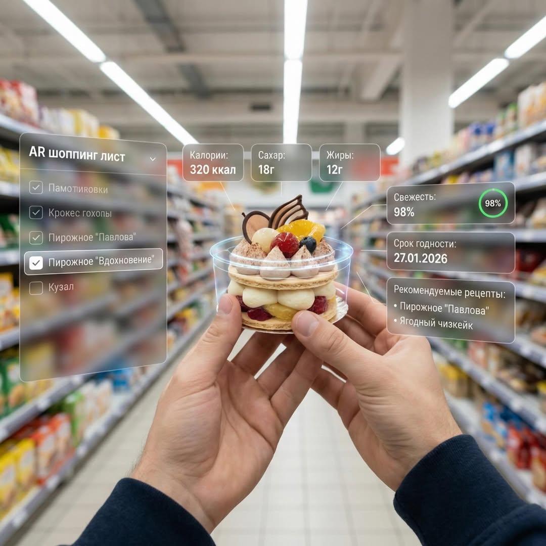 First-person perspective inside a brightly lit supermarket aisle. Realistic huma