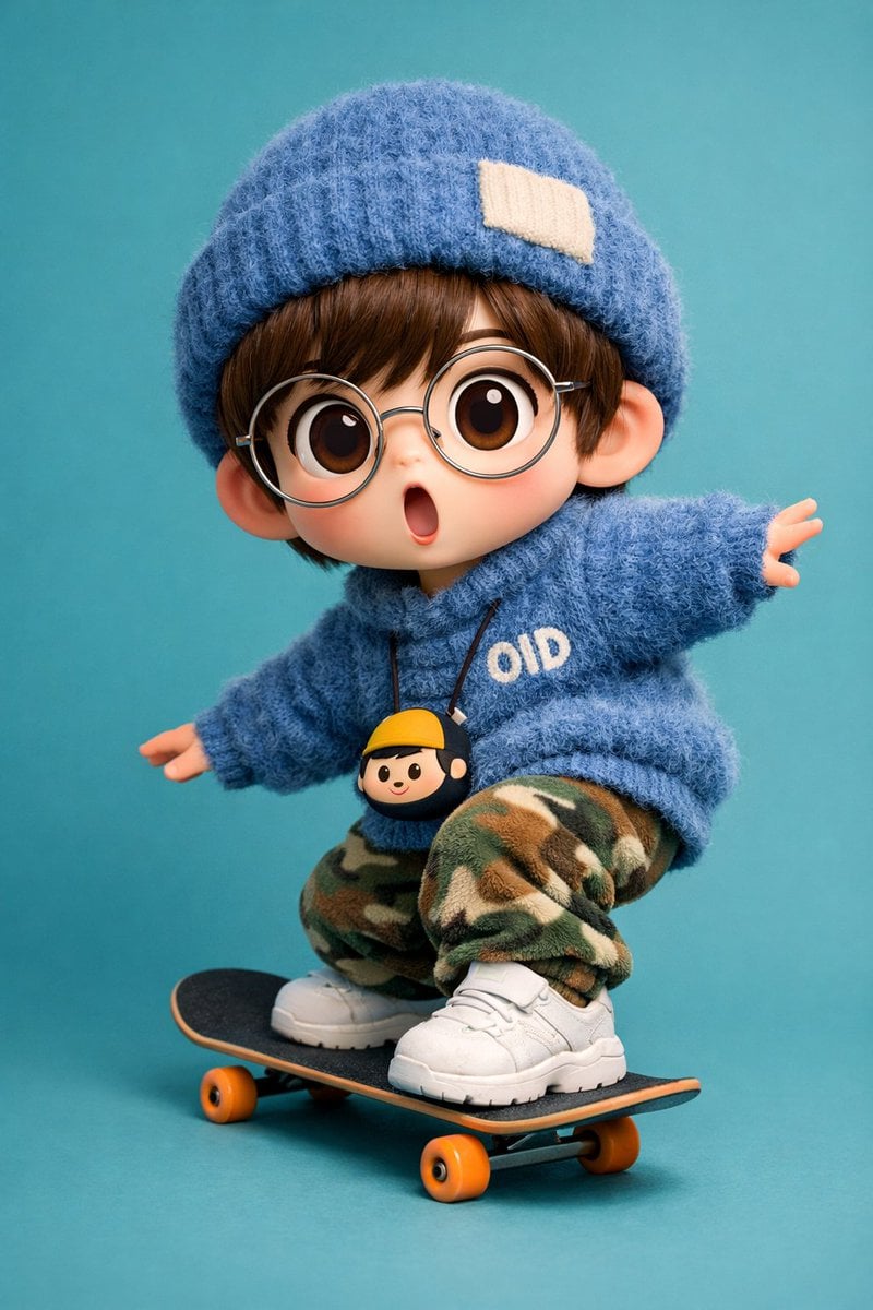 A high-fidelity 3D character render of a cute, stylized boy skateboarding in a d