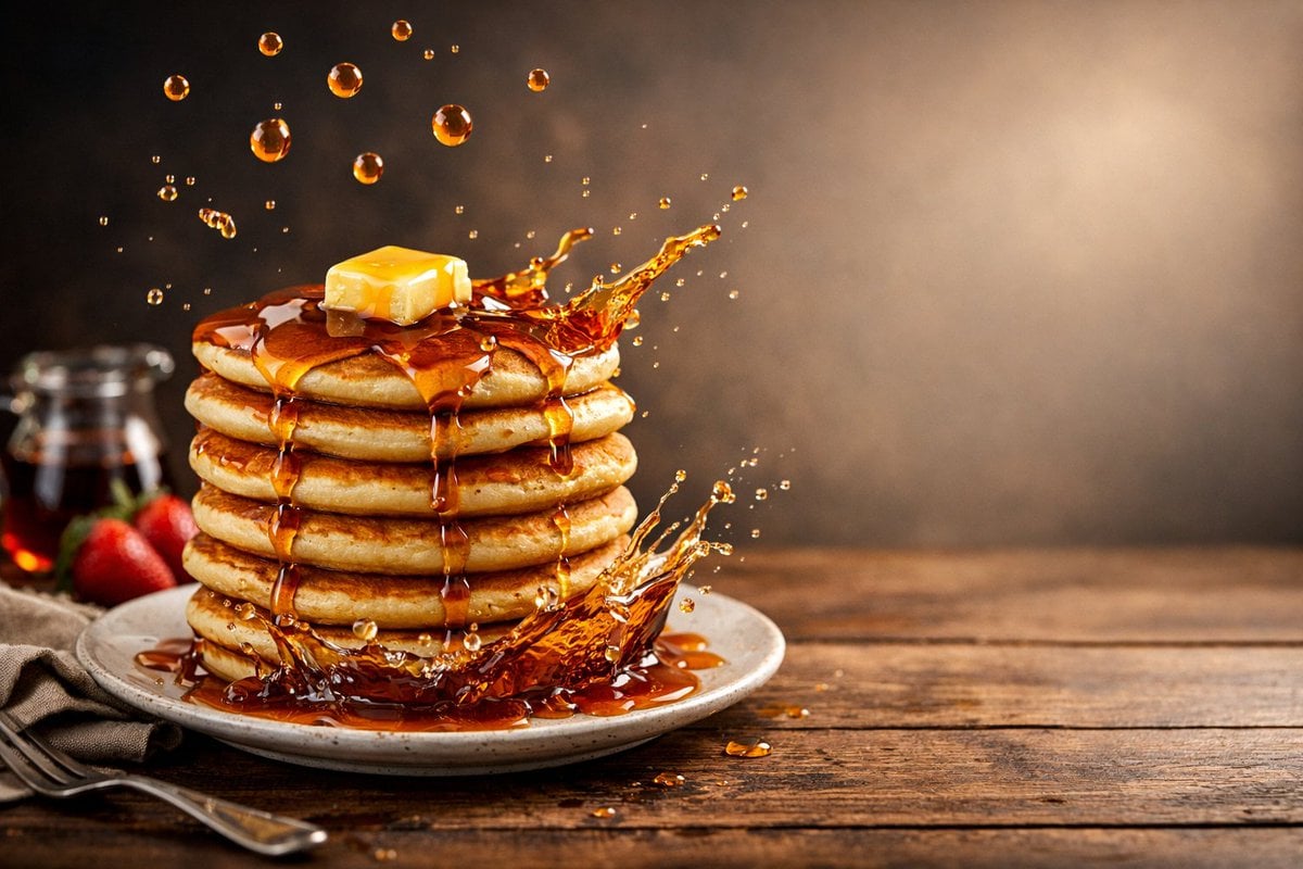 Advertising-style food photography of a stack of pancakes arranged on a rustic t